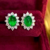 14k Gold 2.52 Ctw Vivid Green Natural Emerald & Diamond Earrings