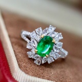 14k Gold 1.35 Ctw Vivid Green Natural Emerald & Diamond Ring