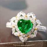 14k Gold 1.38 Ctw Vivid Green Natural Emerald & Diamond Ring