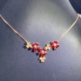 14k Gold 3.80 Ct Vivid Red Natural Ruby & Diamond & Flowers Necklace