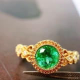 14k Gold 0.81 Ctw Vivid Green Natural Emerald & Diamond Ring