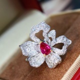 14k Gold 1.07 Ctw Natural Ruby & Diamond & Flowers Ring