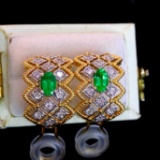 14k Gold 0.76 Ctw Vivid Green Natural Emerald & Diamond Earrings