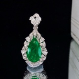 14k Gold 2.92 Ctw Vivid Green Natural Emerald & Diamond Pendant