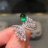 14k Gold 1.21 Ctw Vivid Green Natural Emerald & Diamond Ring