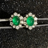 14k Gold 3.41 Ctw Vivid Green Natural Emerald & Diamond Earrings