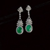 14k Gold 2.60 Ct Vivid Green Natural Emerald & Diamond Earrings