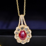 14k Gold 1.56 Ctw Vivid Red Natural Ruby & Diamond Pendant