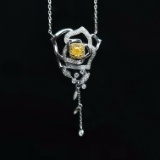 14k Gold 0.19 Ct Natural Yellow Diamond & Diamond & Flowers Necklace