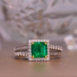 14k Gold 1.91 Ctw Vivid Green Natural Emerald & Diamond Ring