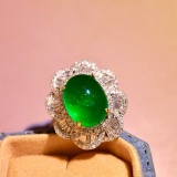 14k Gold 7.63 Ctw Vivid Green Natural Emerald & Diamond Ring