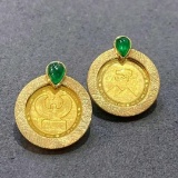 14k Gold 0.65 Ct Vivid Green Natural Emerald & Solitaire Earrings