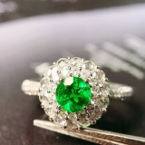 14k Gold 0.98 Ctw Vivid Green Natural Emerald & Diamond Ring