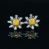 14k Gold 0.58 Ct Natural Yellow Diamond & Diamond & Flowers Earrings