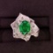14k Gold 2.57 Ctw Vivid Green Natural Emerald & Diamond & Flowers Ring