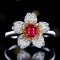 14k Gold 0.95 Ctw Vivid Red Natural Ruby & Diamond & Flowers Ring