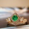 14k Gold 0.62 Ctw Vivid Green Natural Emerald & Diamond Ring