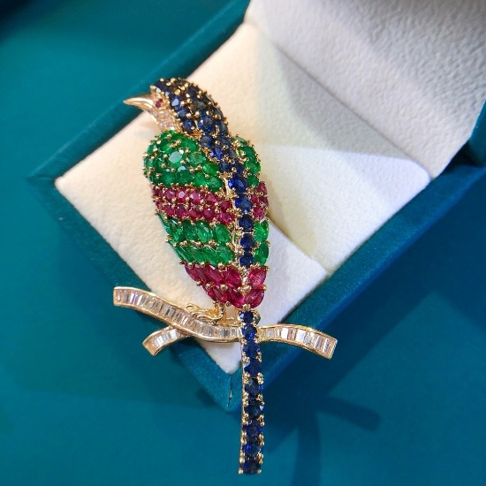 14k Gold 12.72 Ctw Natural Ruby & Sapphire & Emerald & Diamond Brooch