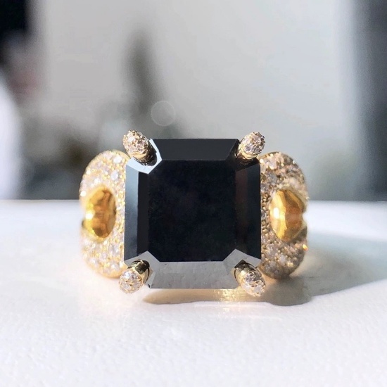 14k Gold 11.73 Ctw Natural Black Diamond & Diamond & Art Deco Ring