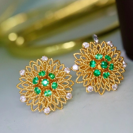 14k Gold 0.71 Ctw Natural Emerald & Diamond Earrings