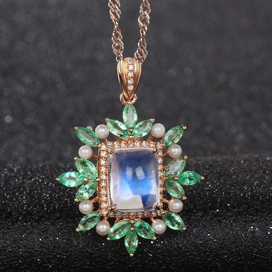 14k Gold 3.20 Ct Natural Moonstone & Emerald & Diamond & Diamond & Pearl Pendant
