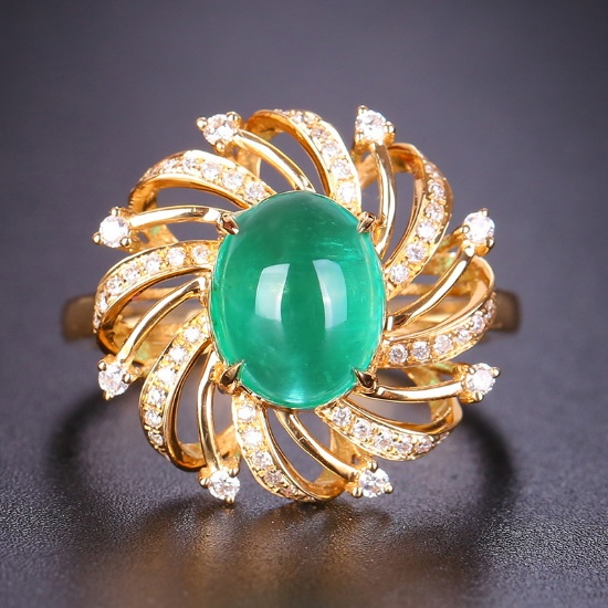 14k Gold 2.14 Ctw Vivid Green Natural Emerald & Diamond & Art Deco Ring