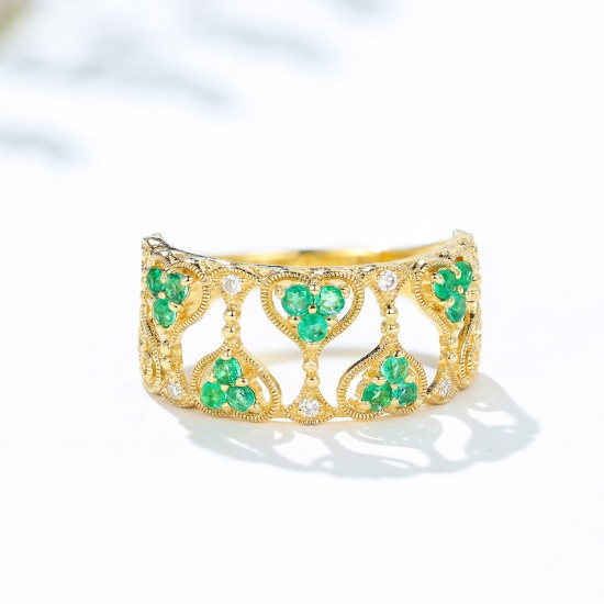 14k Yellow Gold 0.34 Ctw Natural Emerald & Diamond & Art Deco Ring
