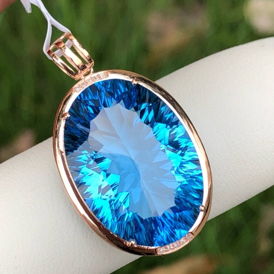14k Gold 26.65 Ct Natural Topaz & Diamond Pendant