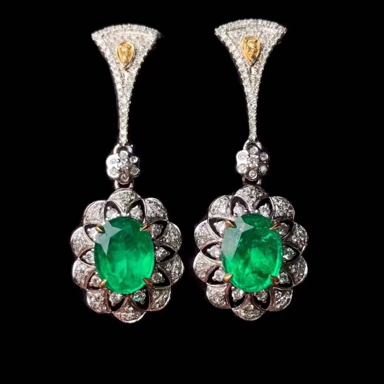 14k Gold 3.29 Ctw Vivid Green Natural Emerald & Diamond Earrings