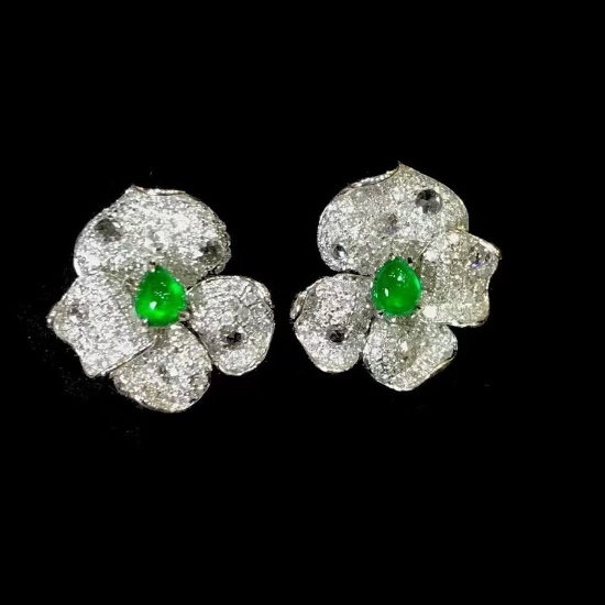 14k Gold 1.19 Ctw Vivid Green Natural Emerald & Diamond Earrings