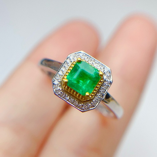 14k Gold 1.00 Ct Vivid Green Natural Emerald & Diamond & Cocktail Ring