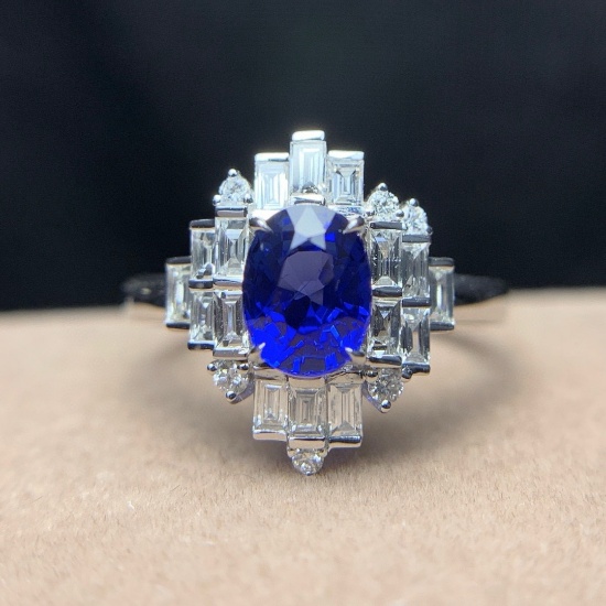 14k Gold 1.75 Ctw Vivid Blue Natural Sapphire & Diamond Ring