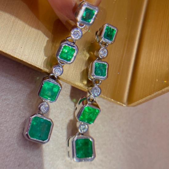 14k Gold 3.92 Ctw Vivid Green Natural Emerald & Diamond Earrings