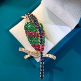 14k Gold 12.72 Ctw Natural Ruby & Sapphire & Emerald & Diamond Brooch