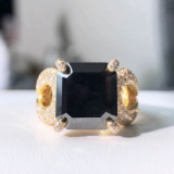14k Gold 11.73 Ctw Natural Black Diamond & Diamond & Art Deco Ring