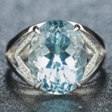 14k Gold 6.95 Ct Natural Aquamarine & Diamond & Solitaire Ring