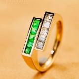 14k Gold 0.77 Ctw Natural Emerald & Diamond & Toi Et Moi Ring