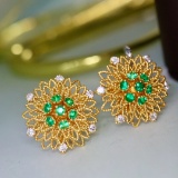 14k Gold 0.71 Ctw Natural Emerald & Diamond Earrings