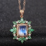 14k Gold 3.20 Ct Natural Moonstone & Emerald & Diamond & Diamond & Pearl Pendant