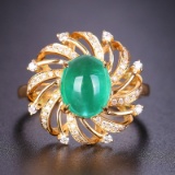 14k Gold 2.14 Ctw Vivid Green Natural Emerald & Diamond & Art Deco Ring