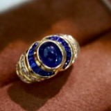 14k Gold 2.70 Ctw Vivid Blue Natural Sapphire & Diamond & Art Deco Ring