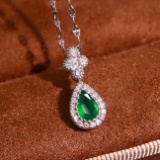 14k Gold 0.65 Ctw Vivid Green Natural Emerald & Diamond Necklace