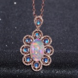14k Gold 3.65 Ctw Natural Opal & Diamond & Moonstone Pendant