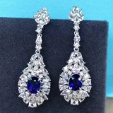 14k Gold 1.74 Ctw Vivid Blue Natural Sapphire & Diamond Earrings
