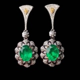 14k Gold 3.29 Ctw Vivid Green Natural Emerald & Diamond Earrings
