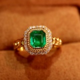 14k Gold 0.99 Ctw Vivid Green Natural Emerald & Diamond & Solitaire Ring