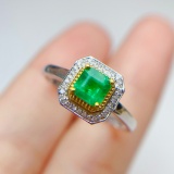 14k Gold 1.00 Ct Vivid Green Natural Emerald & Diamond & Cocktail Ring