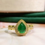 14k Gold 0.85 Ct Vivid Green Natural Emerald & Diamond & Cocktail Ring