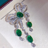 14k Gold 14.68 Ctw Vivid Green Natural Emerald & Diamond Brooch