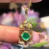 14k Gold 1.06 Ct Vivid Green Natural Emerald & Diamond Pendant